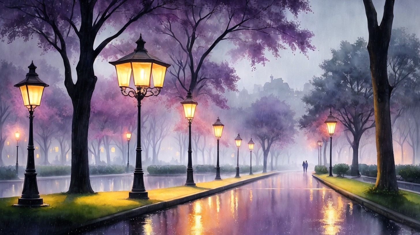 Rainy Watercolor Street Scene with Glowing Streetlights
