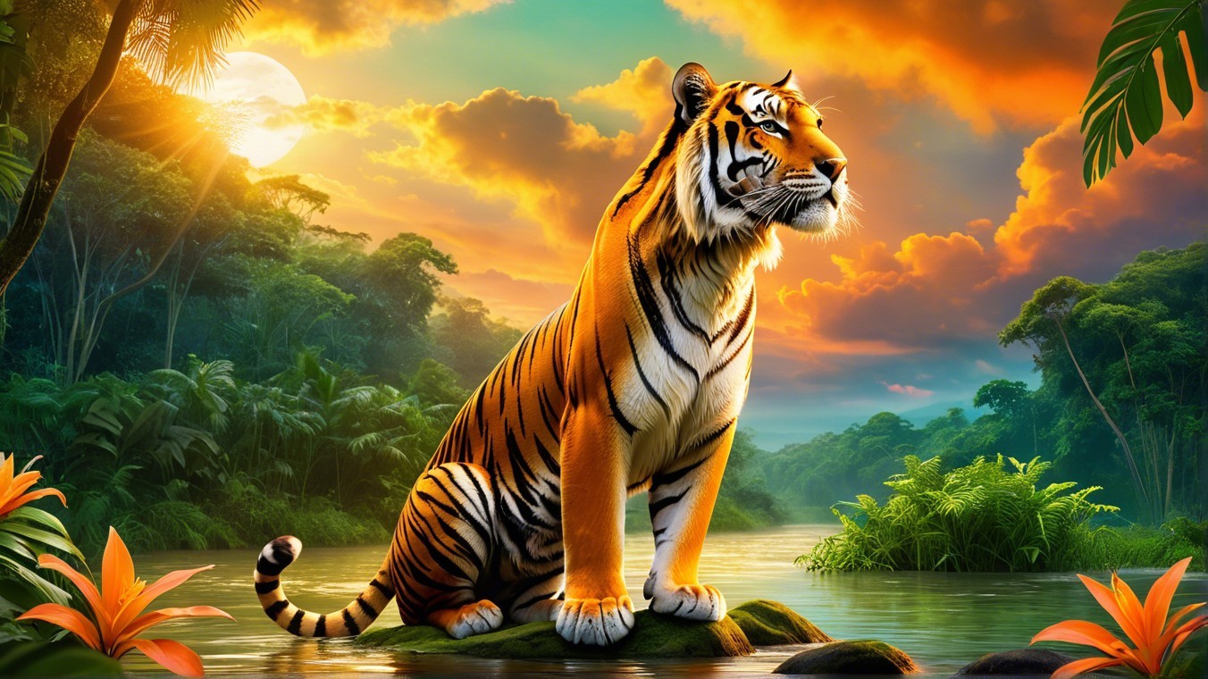 Tiger on Rock by Serene River at Sunset