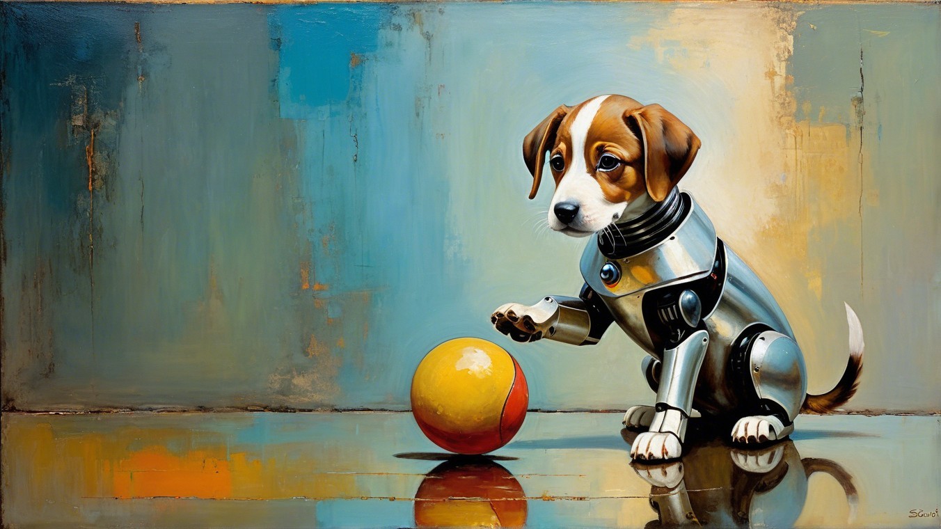 Robotic puppy reaching for a yellow ball on reflective surface