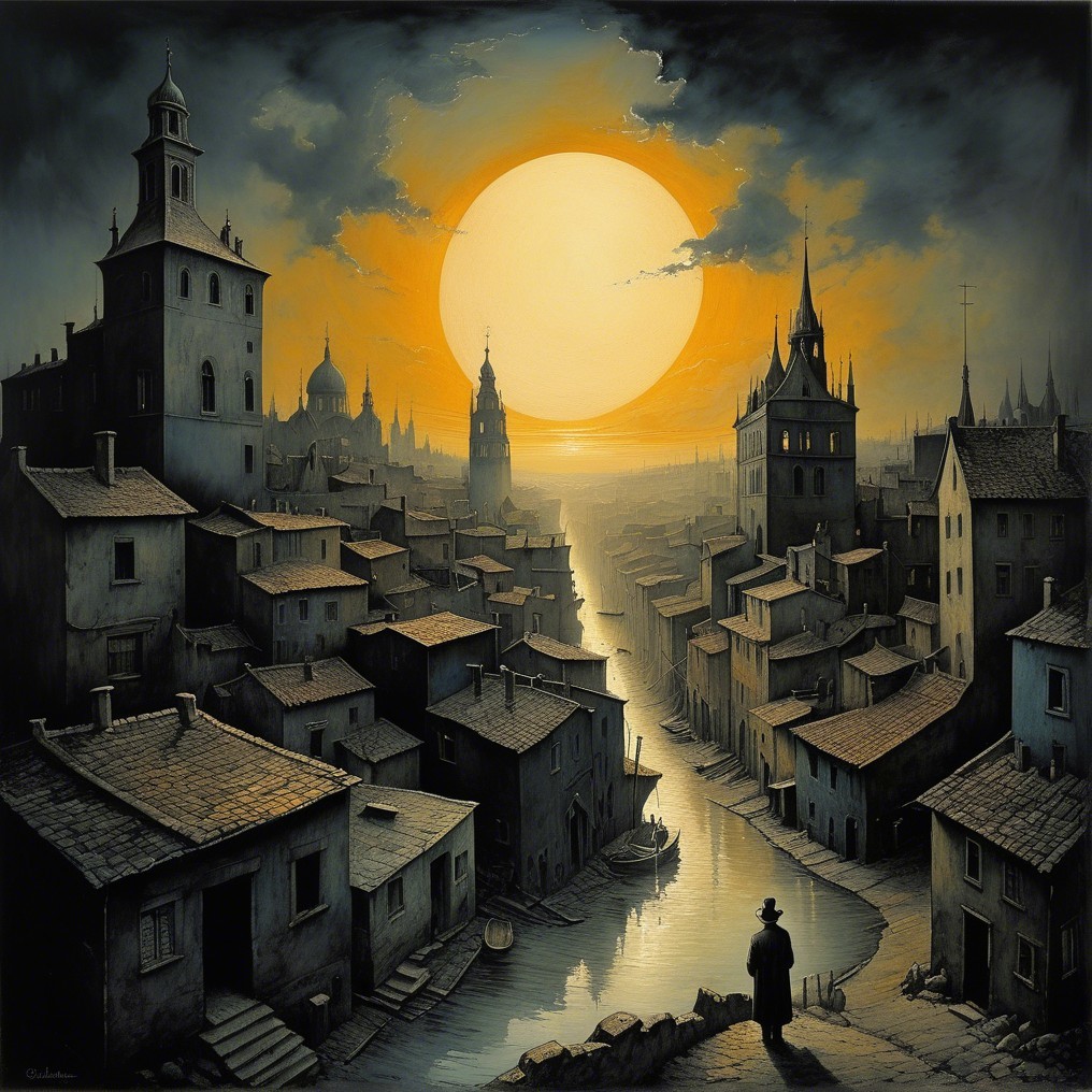 Surreal Landscape with Golden Sun and Quaint Town