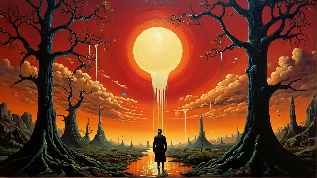 Surreal Landscape with Melting Sun and Lone Figure