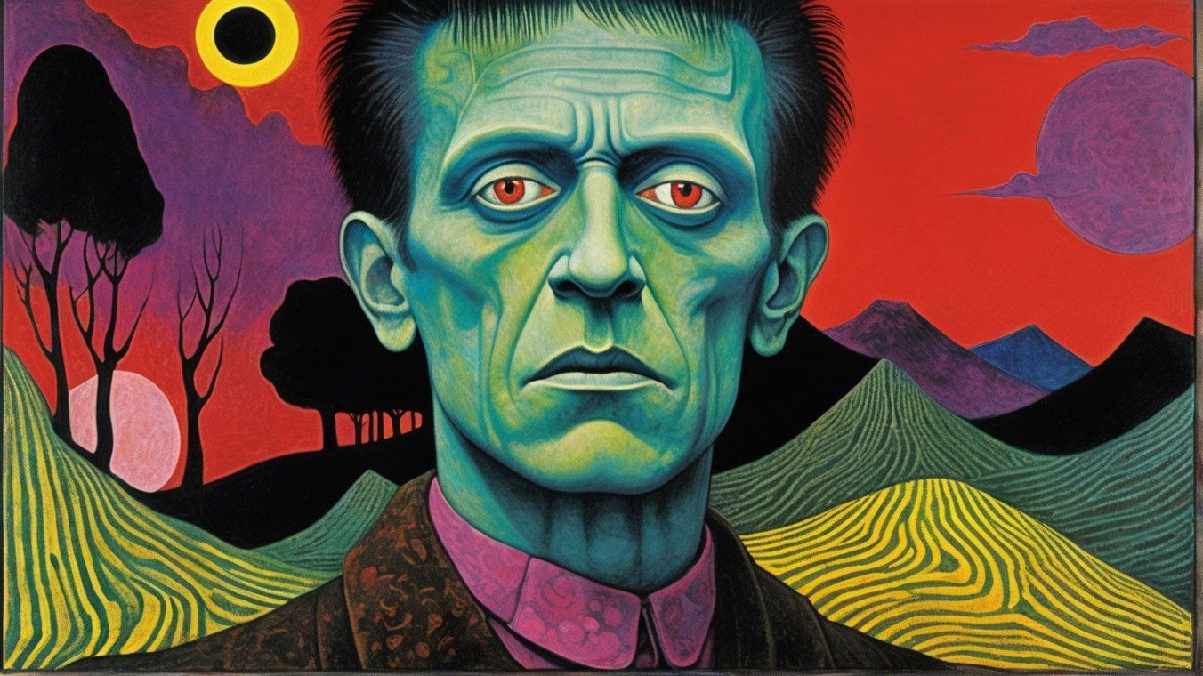 Surreal Portrait of Green-Skinned Figure in Landscape