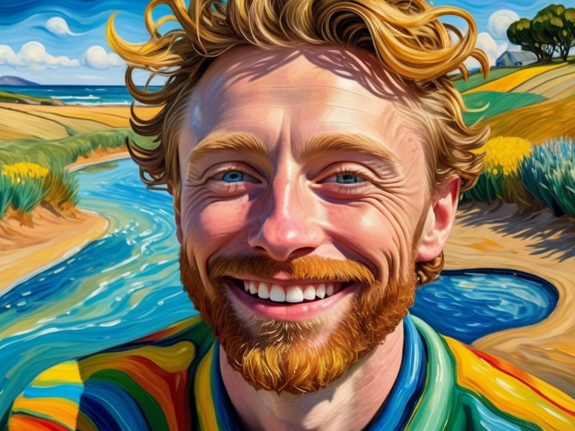Cheerful Young Man in Colorful Shirt Against Nature