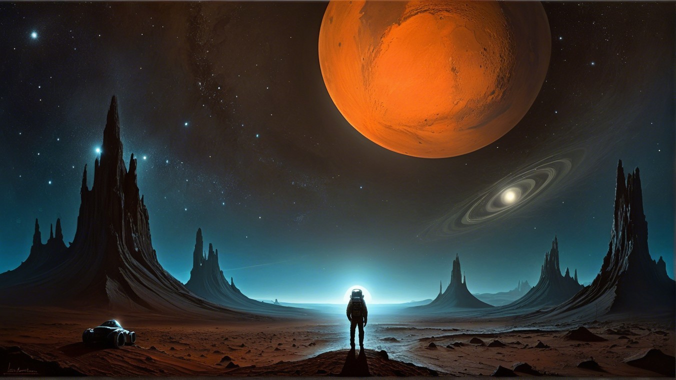 Astronaut in Surreal Alien Landscape with Mars and Stars
