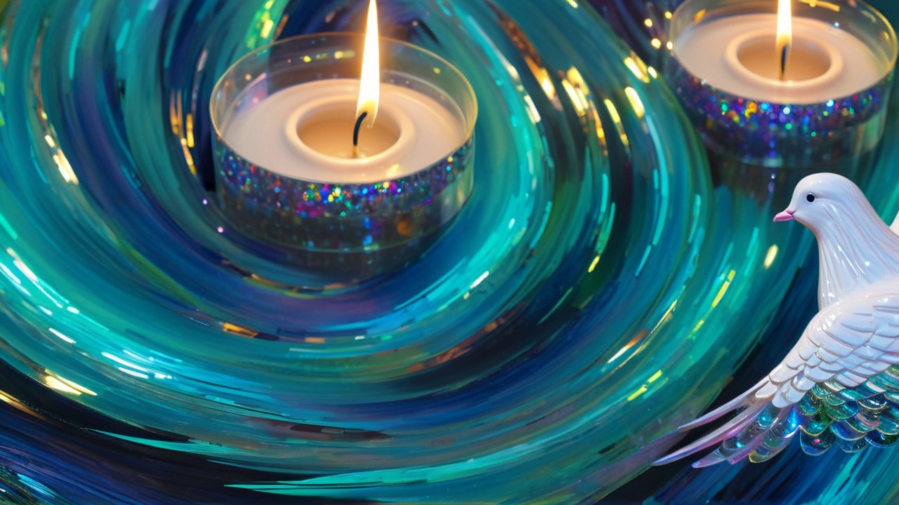 Swirling Blue and Teal Background with Candles and Dove