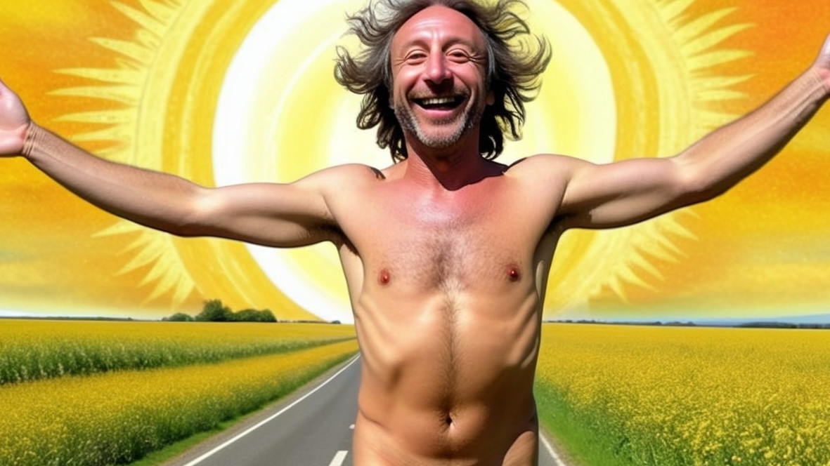 Man Celebrating Nature on an Empty Road with Sunlight