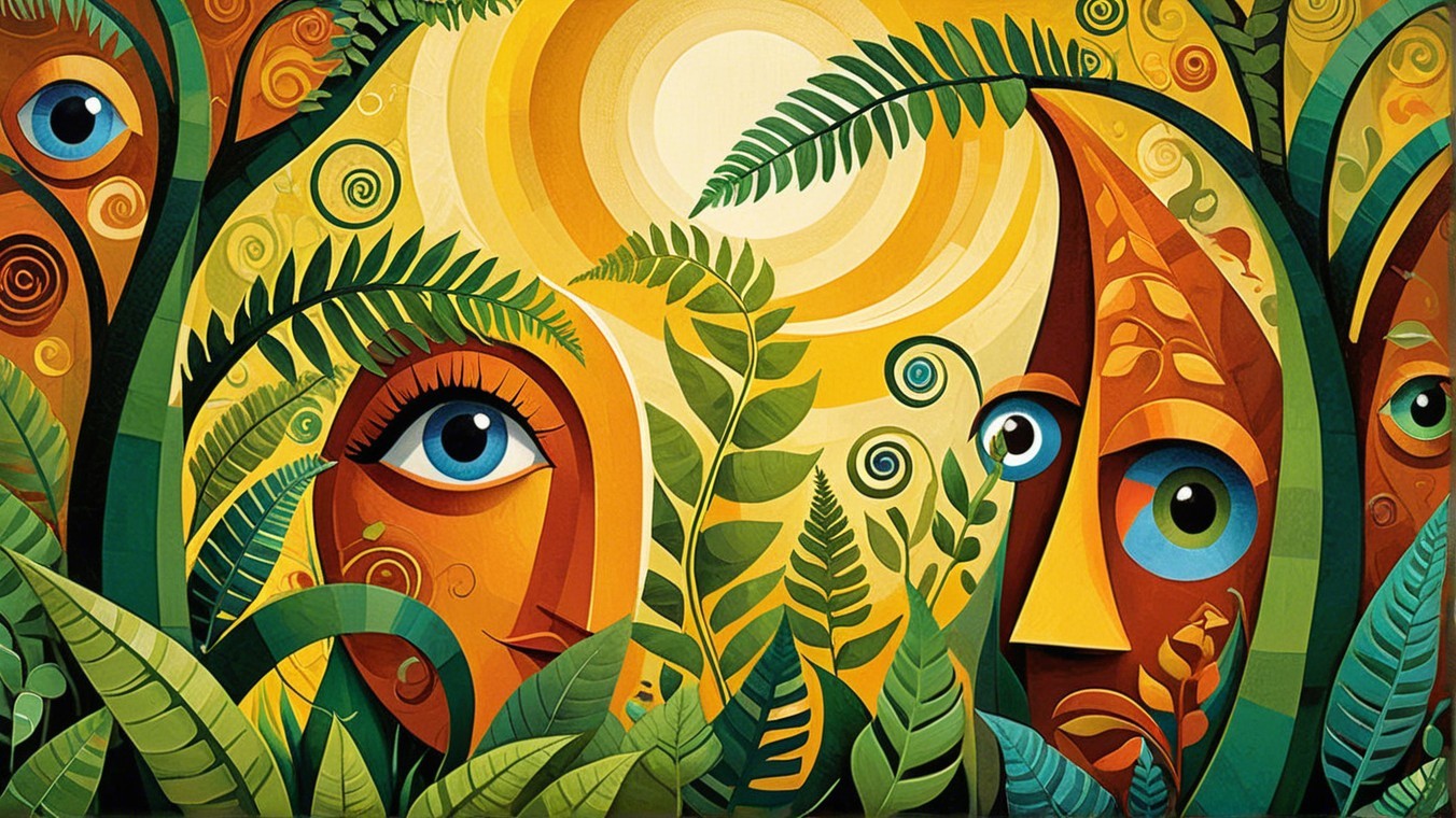 Abstract Faces in Lush Greenery Illustration