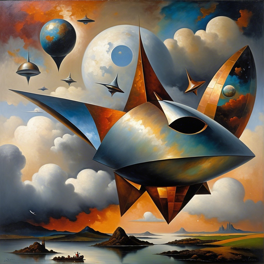 Surreal Landscape with Futuristic Spacecraft and Waterway