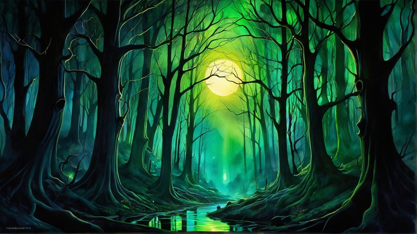 Enchanting Forest with Moonlit Stream and Trees
