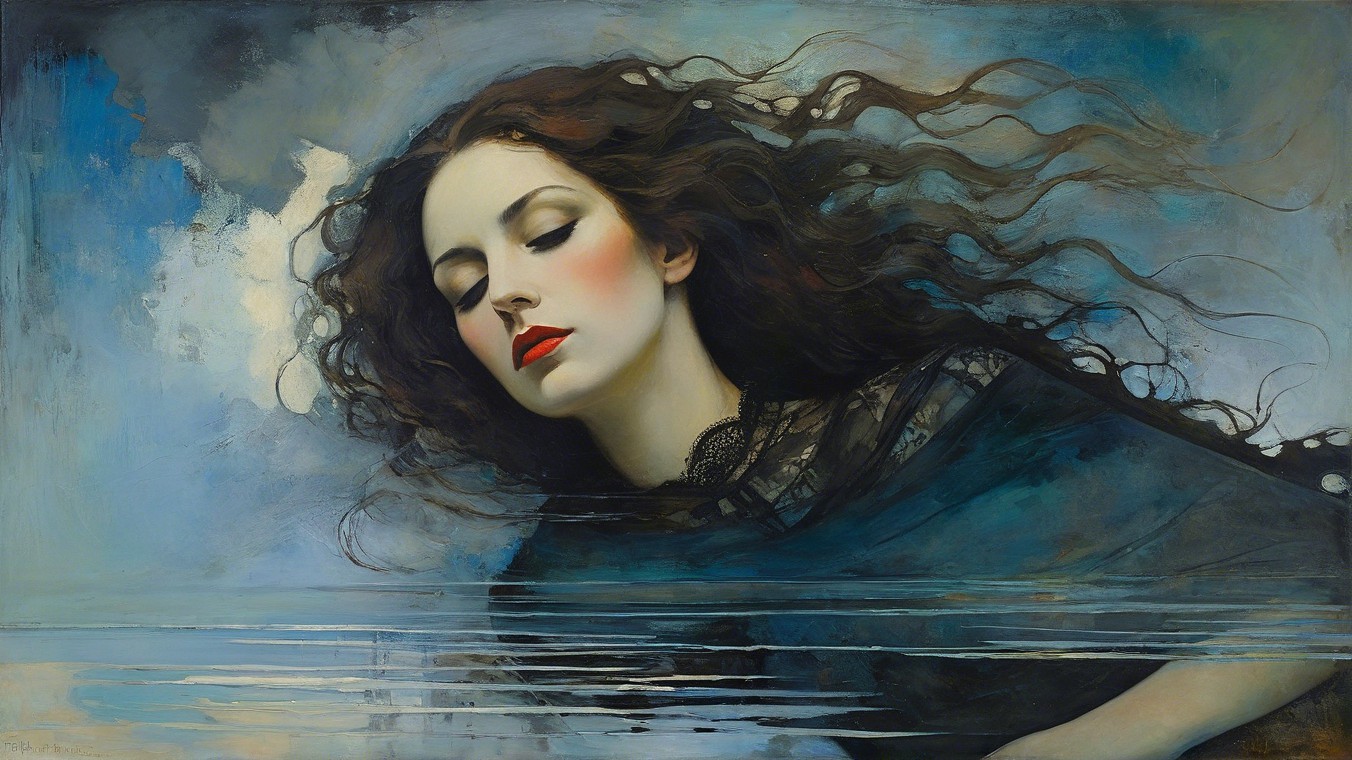 Serene Woman in Tranquil Waters with Ethereal Colors
