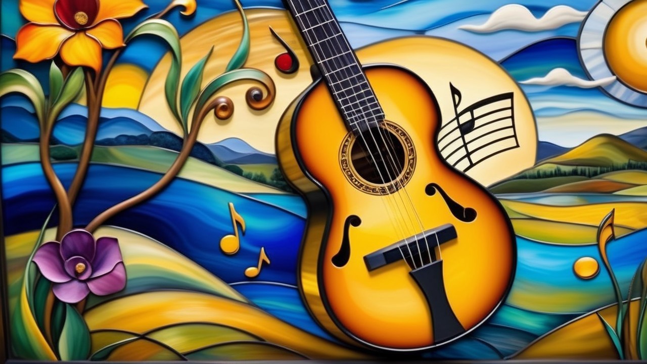 Vibrant Artwork of Guitar Surrounded by Nature Elements