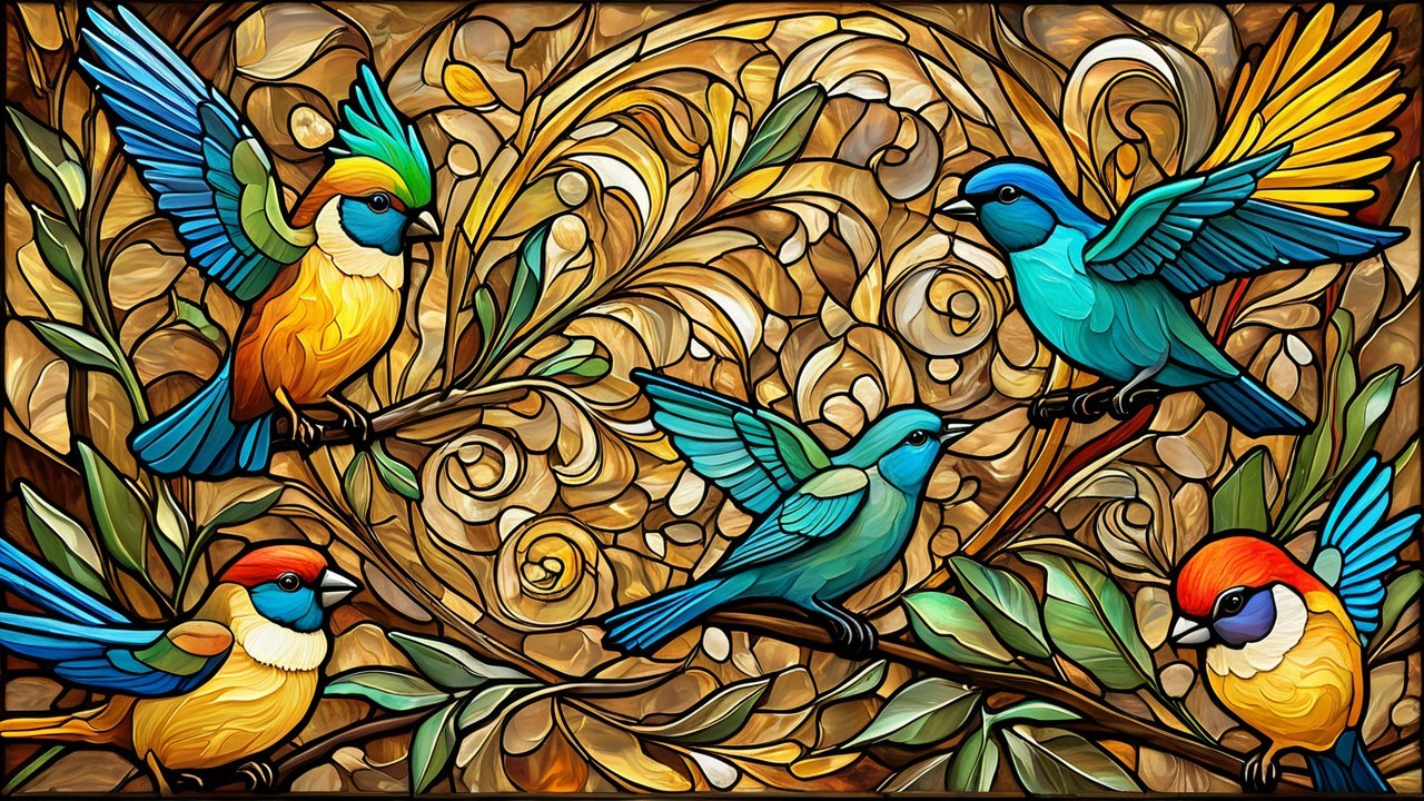 Vibrant Stained Glass Artwork of Colorful Birds and Nature