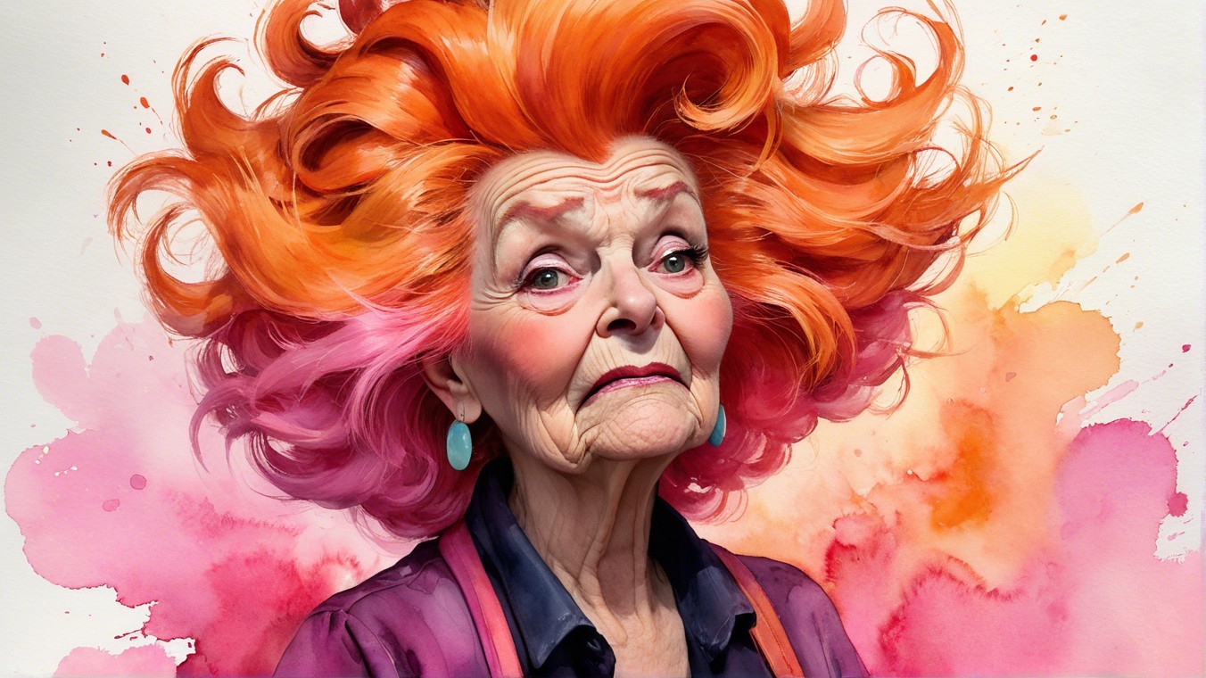 Elderly Woman with Vibrant Hair in Pastel Background
