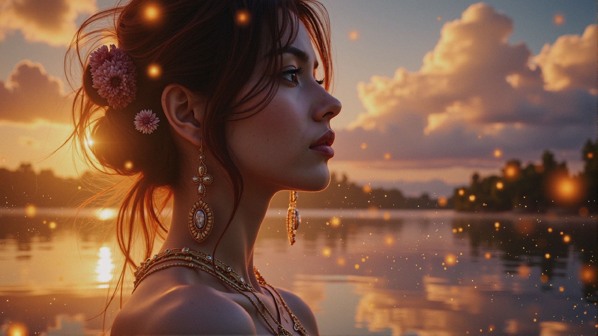 Young Woman with Jewelry by a Serene Sunset Lake