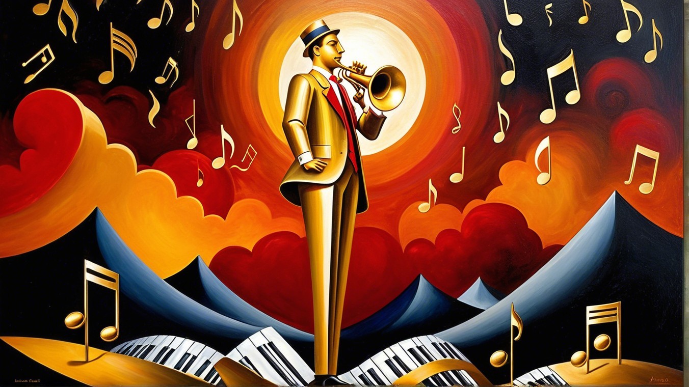 Dynamic Painting of Musician in Golden Suit and Trumpet