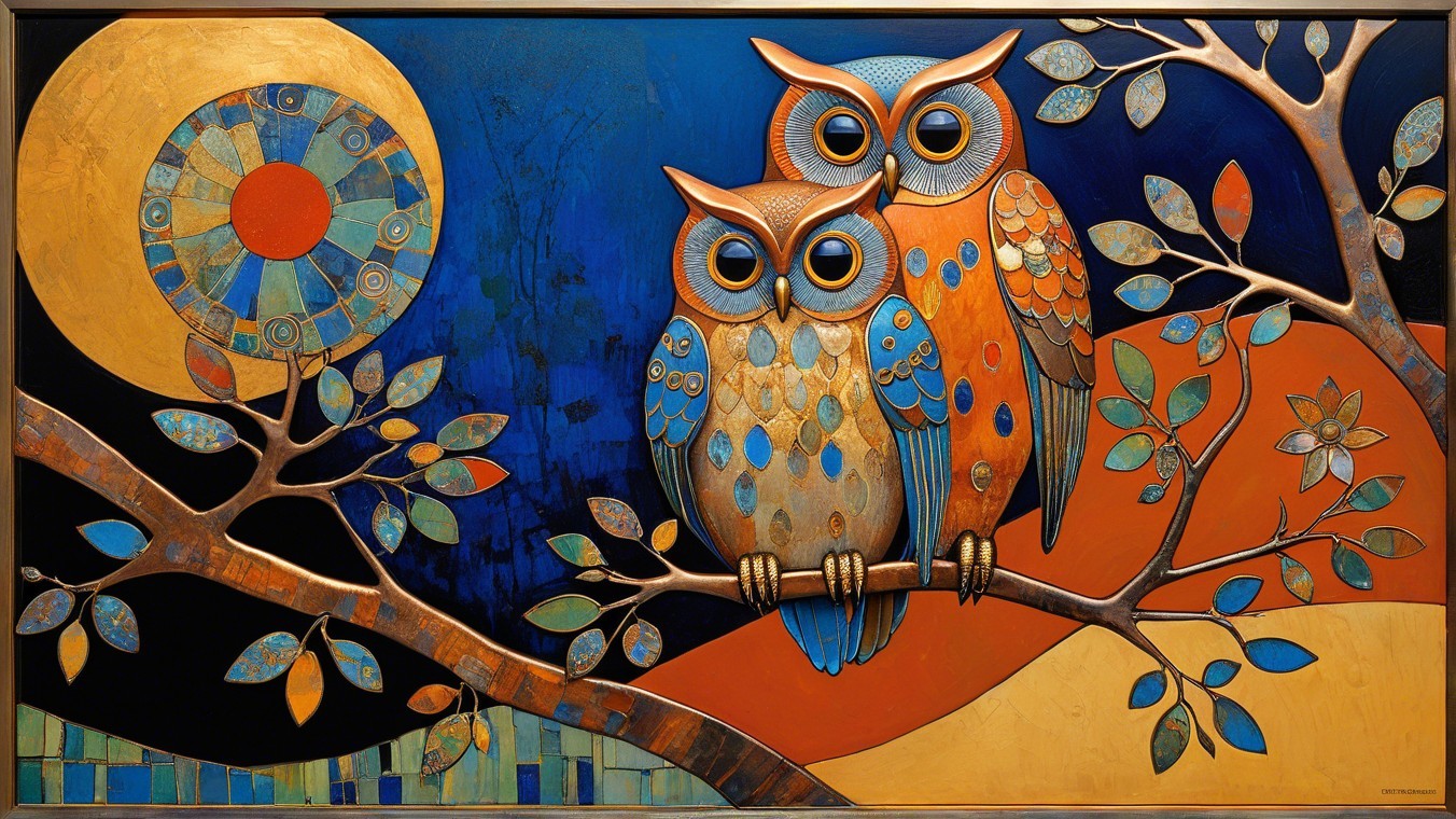 Stylized Owls on Branch with Vibrant Colors and Patterns