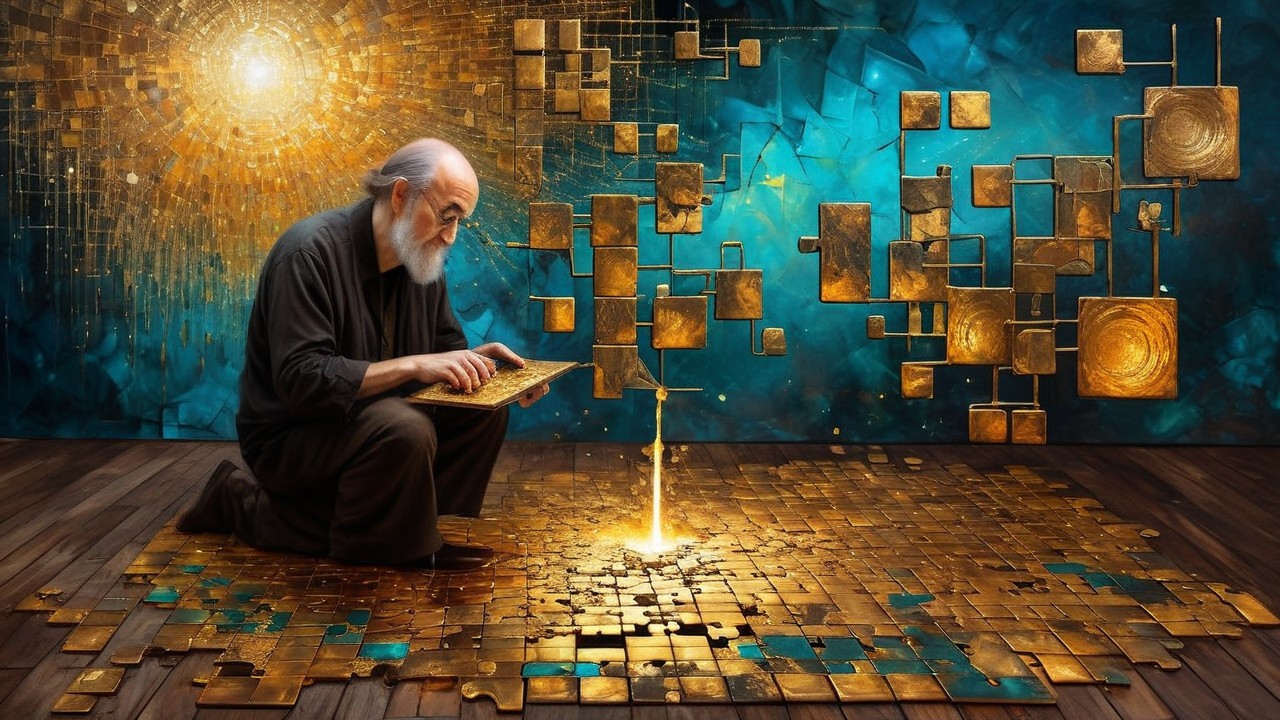Elderly Scholar Studying Ancient Tablet on Golden Floor