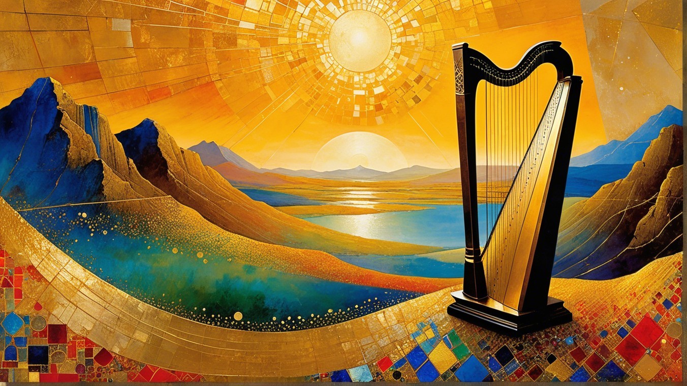 Vibrant Landscape with Golden Harp and Rolling Hills