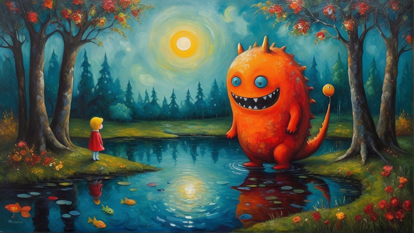 Whimsical Scene of Girl and Friendly Orange Monster