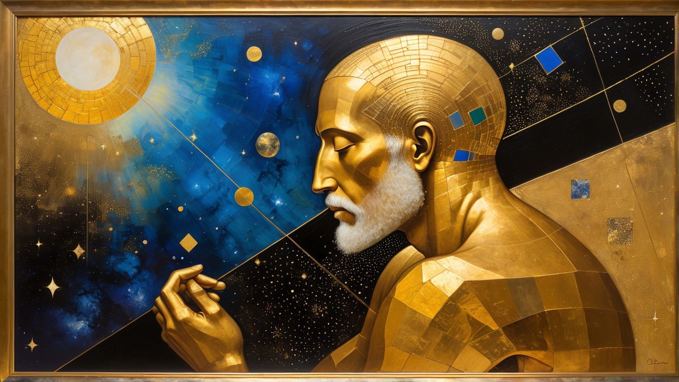 Golden Figure with Serene Expression in Cosmic Setting