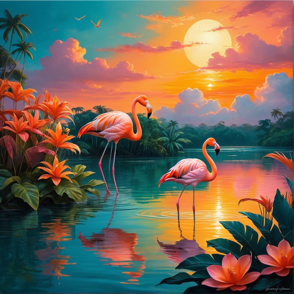 Serene Sunset with Flamingos in Tropical Landscape
