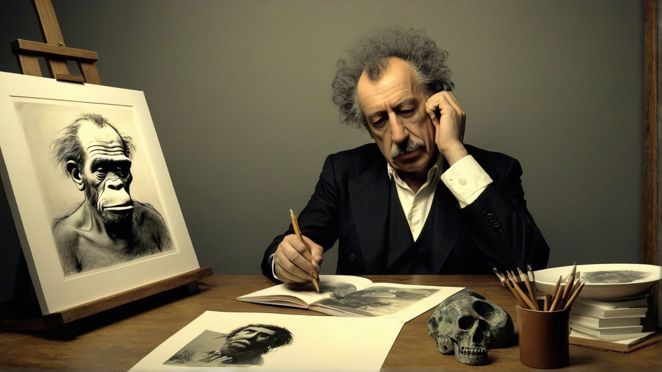 Classic Scientist at Desk with Sketches and Utensils