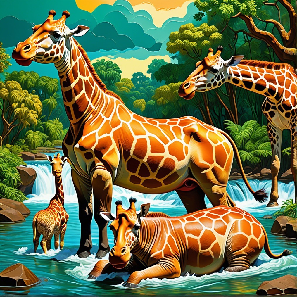 Vibrant Scene of Giraffes by a Serene River