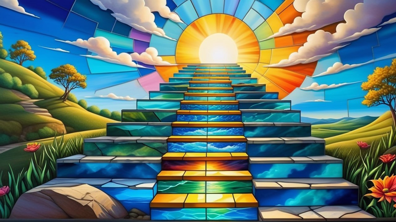 Colorful mural of a luminous staircase and sun