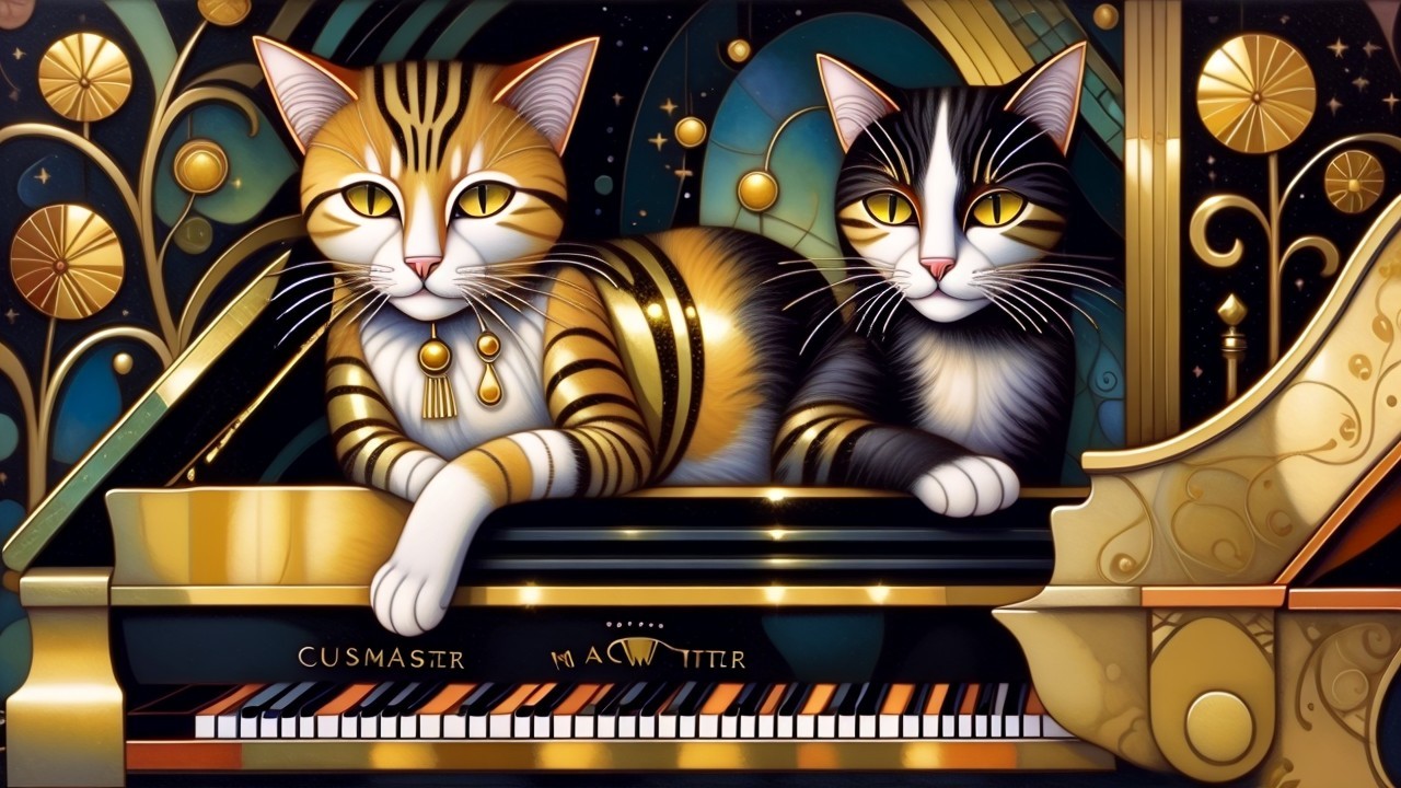 Elegant Cats on a Grand Piano with Art Deco Design