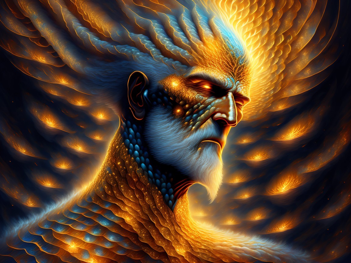 Mystical Humanoid Figure with Scaled Skin and Glow