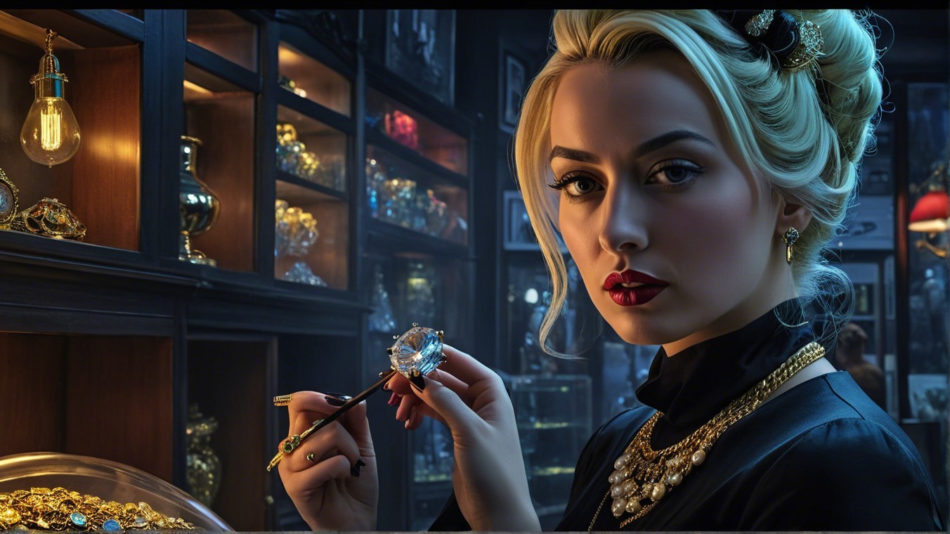 Glamorous Woman Examines Gemstone in Antique Shop