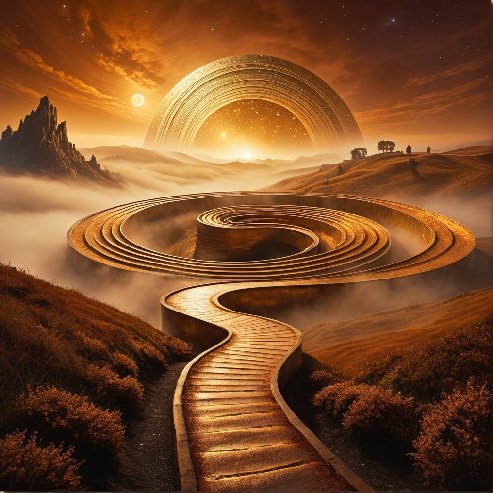 Golden Pathway in a Surreal Landscape with Planet