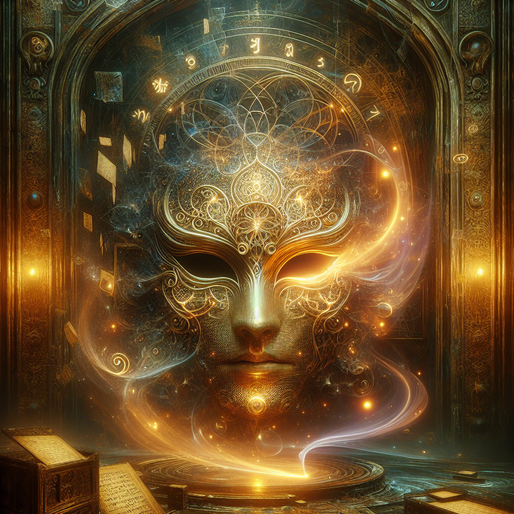 Ethereal Face in Golden Cosmic Light and Patterns