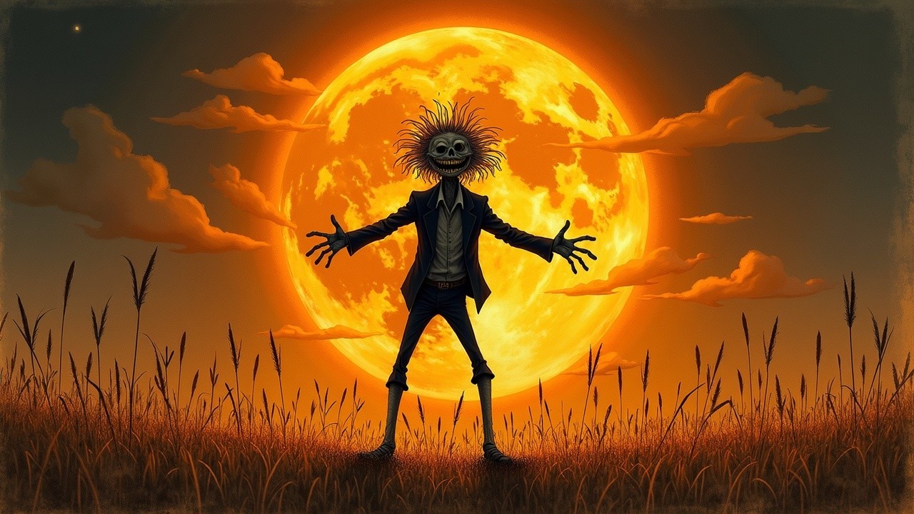 Whimsical Figure in Golden Field Under Orange Moon
