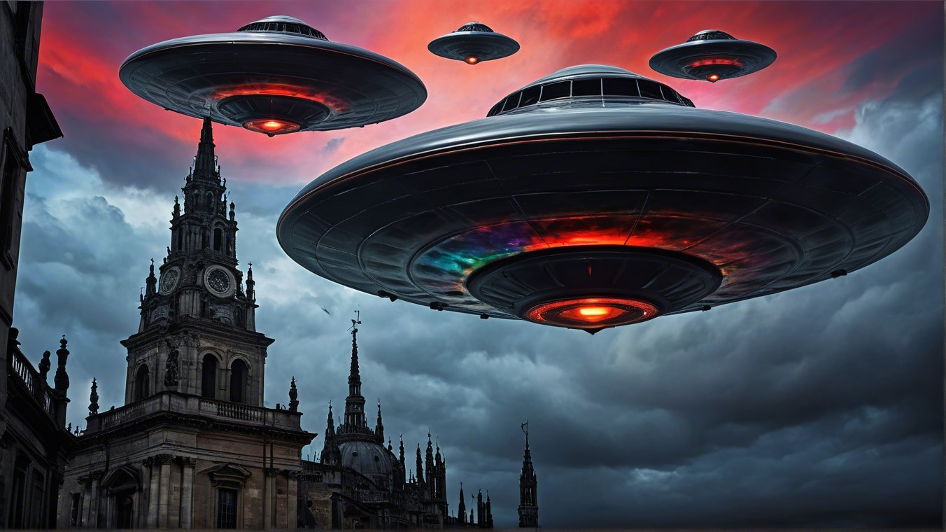UFOs Hovering Over Historic Cityscape at Twilight