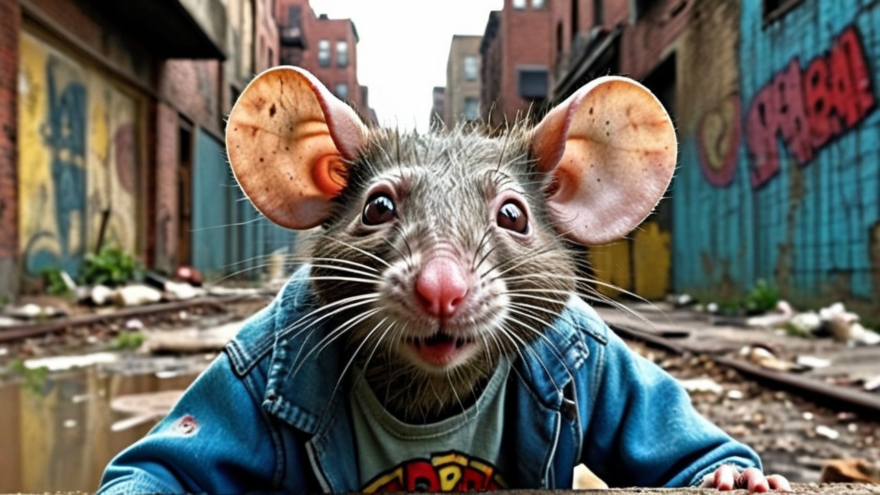 Cartoonish Rat in Denim Jacket in Urban Alley Scene