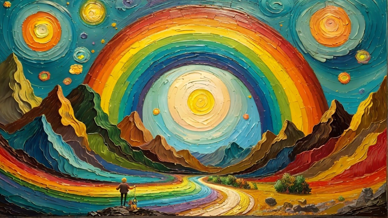 Vibrant Landscape with Rainbow and Majestic Mountains