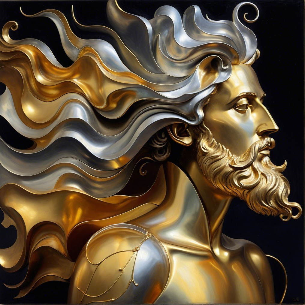 Majestic figure with golden hair against dark background
