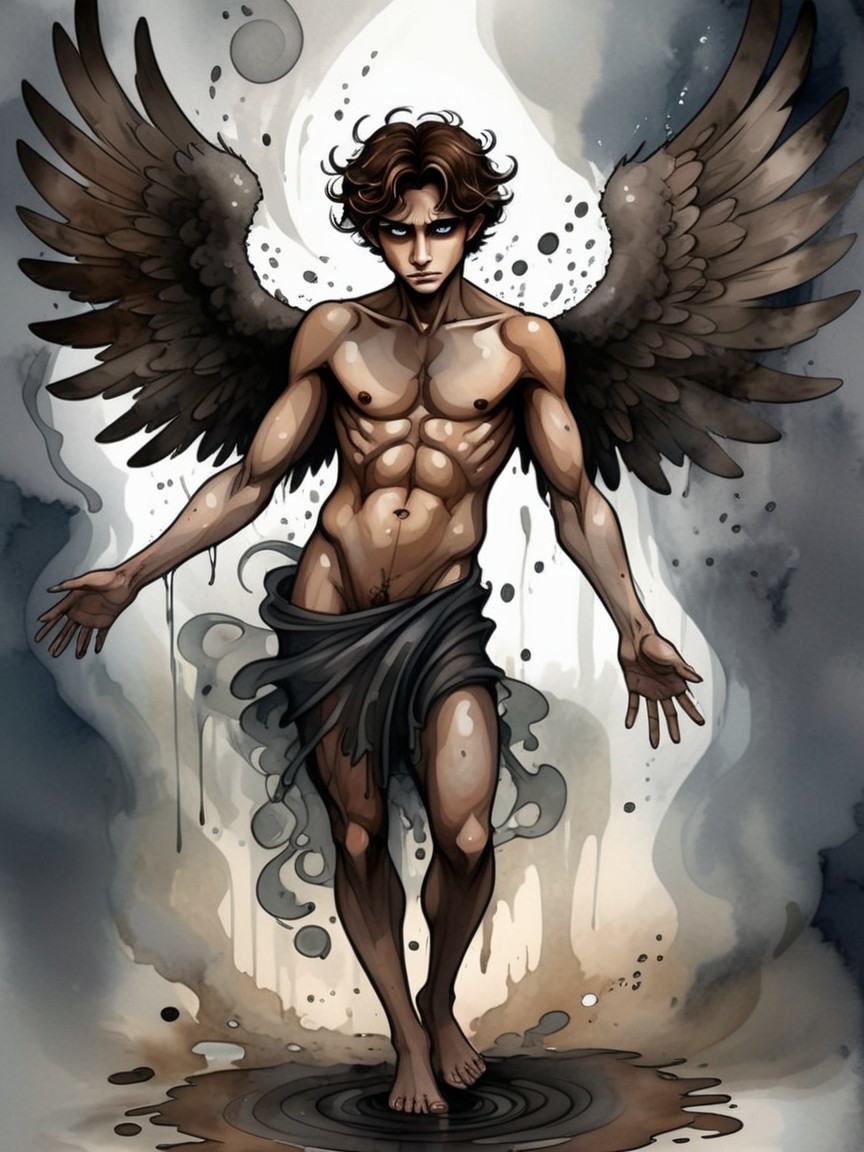 Muscular Winged Figure with Dark Feathers and Tattered Cloth