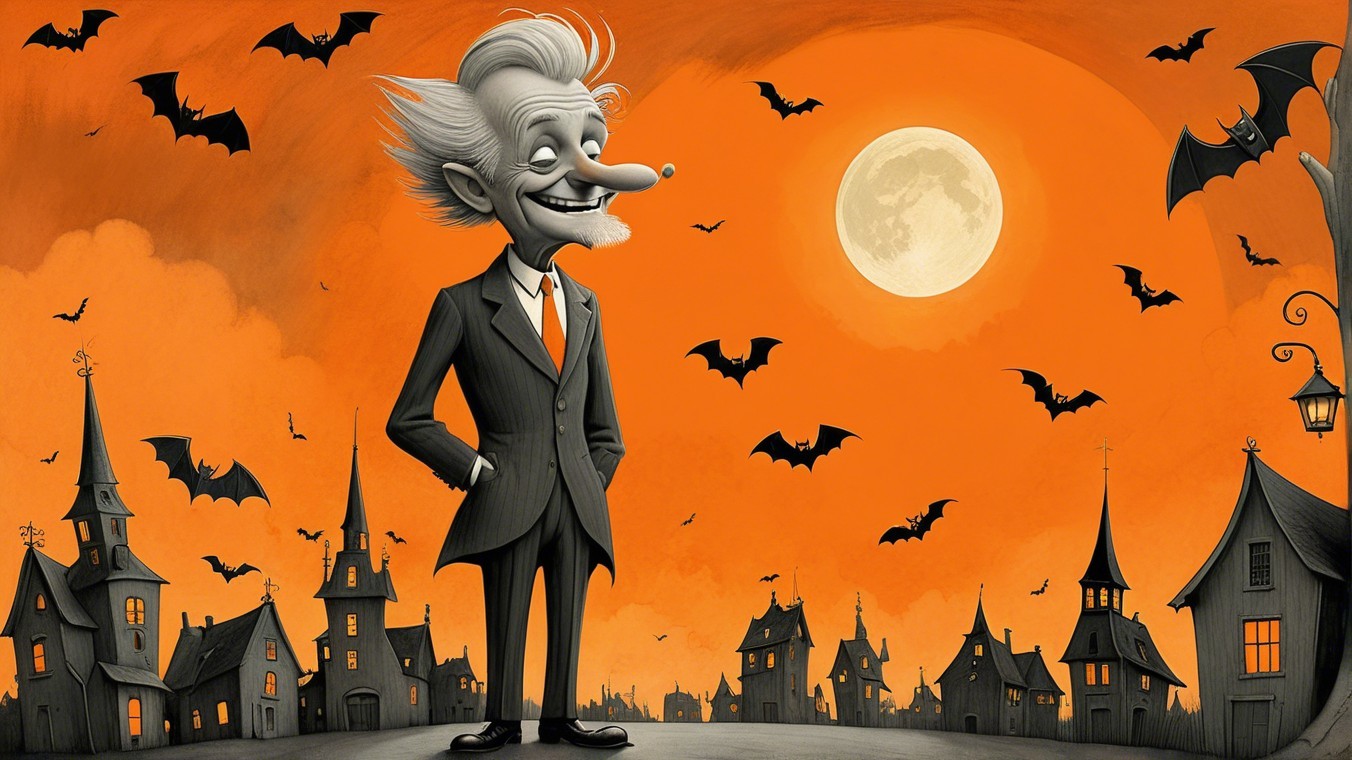 Cartoon Character in Spooky Halloween Town Scene
