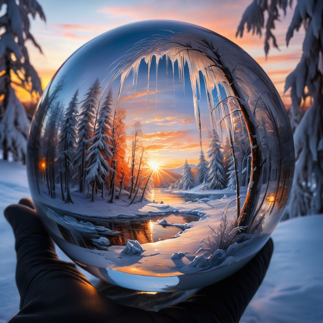 Close-Up of Gloved Hand Holding Glass Orb with Winter Scene