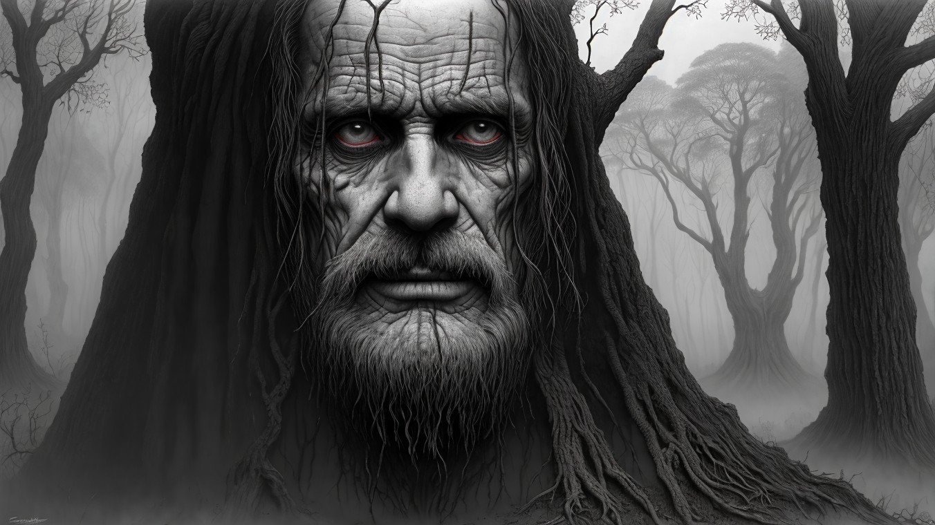 Ancient Face in Gnarled Tree in Foggy Forest