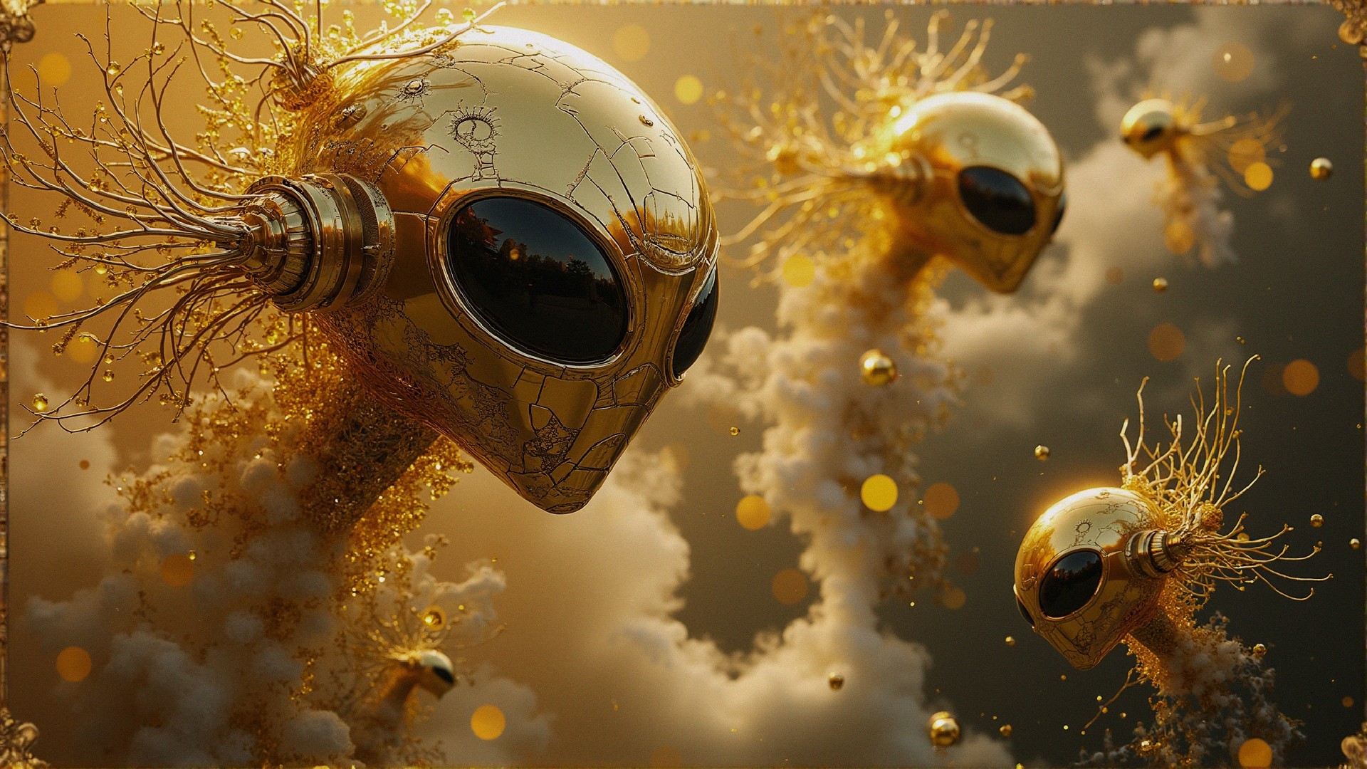 Surreal Scene of Futuristic Golden Humanoid Heads