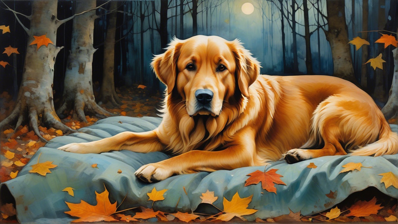 Golden Retriever in Autumn Forest Setting with Moonlight
