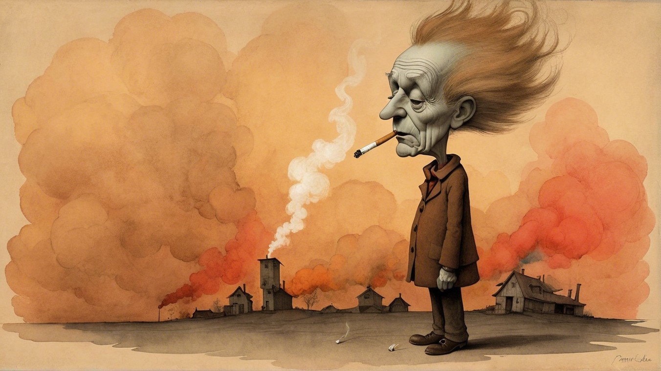 Whimsical Illustration of a Lonely Man in Smoke