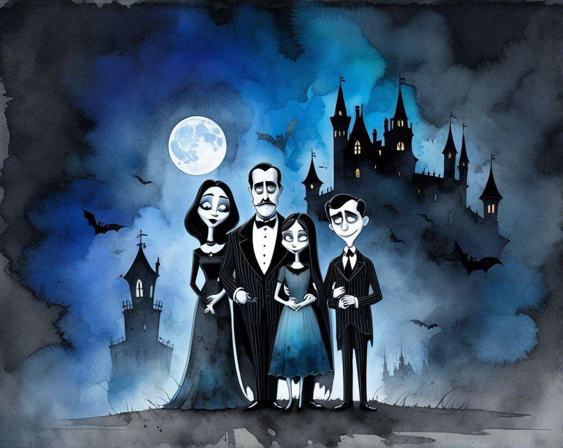 Gothic Family Illustration in Spooky Halloween Setting