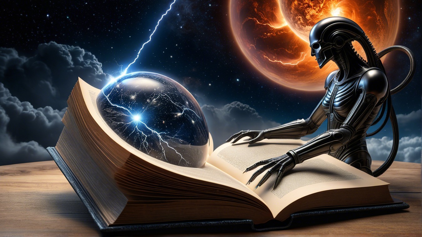 Futuristic Scene with Robotic Figure and Glowing Book