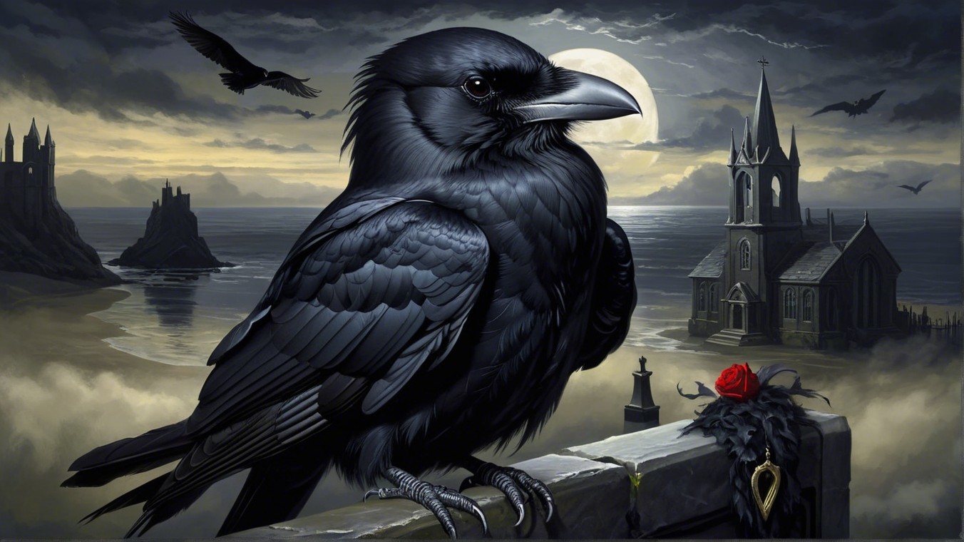 Majestic Raven on Stone Ledge with Eerie Landscape