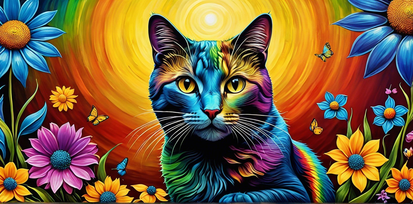 Colorful artwork of a majestic cat in a floral scene