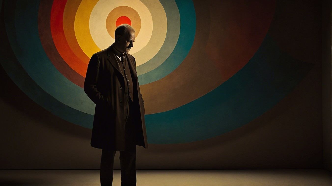 Man in Dark Coat Against Vibrant Circle Backdrop